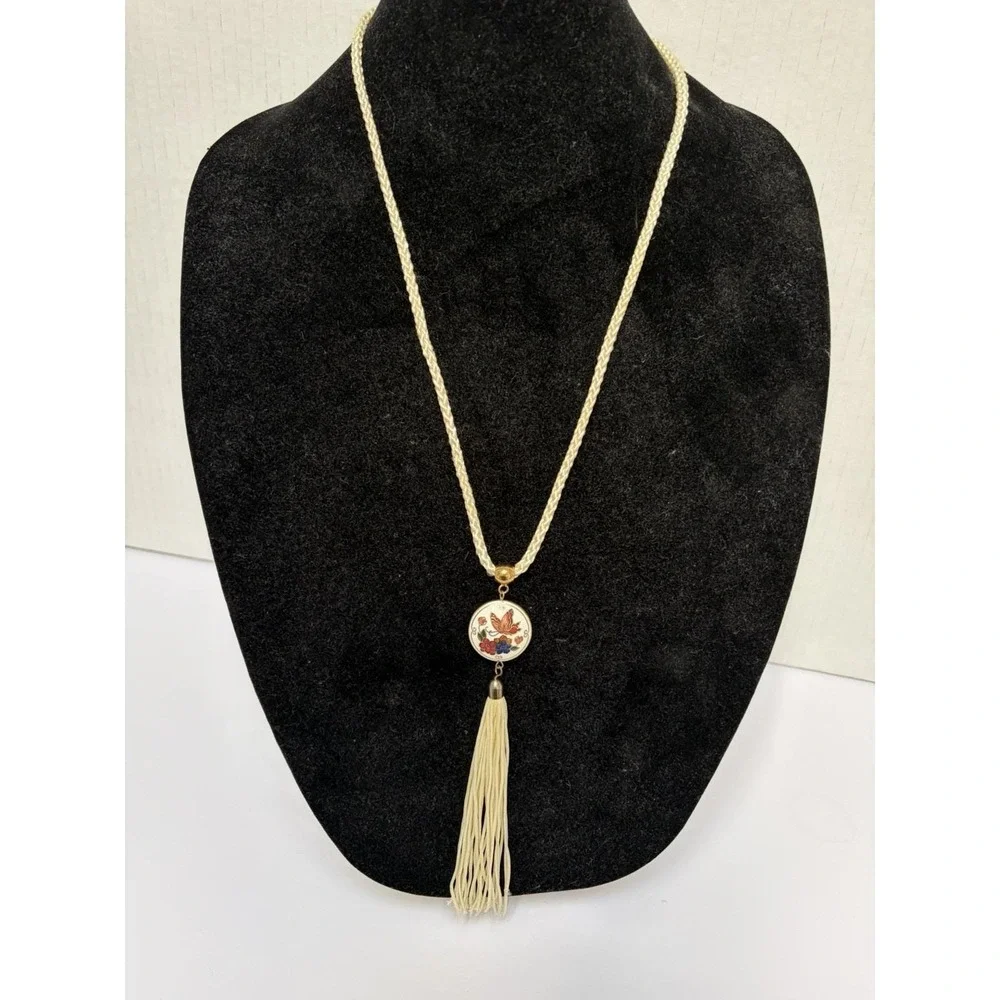 Vintage Double Sided Cloisonné Pendant On Braided Cord Tassel 19 Inch Length
